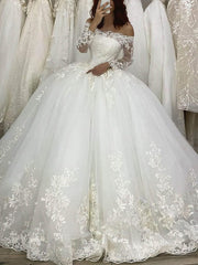 Elegant Off-the-shoulder Tulle Ball Gown Wedding Dresses With Appliques Lace Court Train