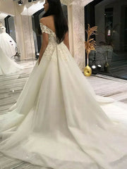 Elegant Off-the-shoulder Tulle Court Train Wedding Dress with Beading