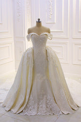 Elegant Off-the-Shoulder Tulle Wedding Dress Sweetheart Lace Appliques Bridal Gowns with Overskirt On Sale-27dress