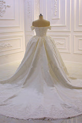 Elegant Off-the-Shoulder Tulle Wedding Dress Sweetheart Lace Appliques Bridal Gowns with Overskirt On Sale-27dress