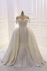 Elegant Off-the-Shoulder Tulle Wedding Dress Sweetheart Lace Appliques Bridal Gowns with Overskirt On Sale-27dress