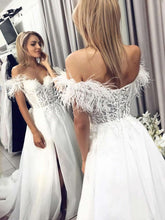 Elegant Off-the-shoulder Wedding Dress with Split Front & Tulle Sweep Train