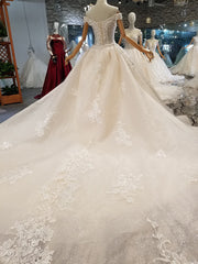 Elegant Off-the-shoulder White A-line Wedding Dresses Tulle Ruffles Bridal Gowns With Appliques Online-27dress