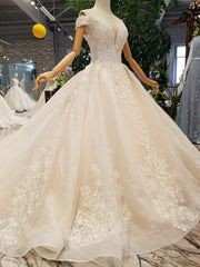 Elegant Off-the-shoulder White A-line Wedding Dresses Tulle Ruffles Bridal Gowns With Appliques Online-27dress