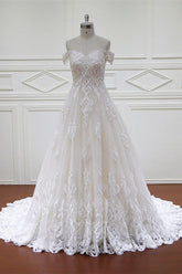 Elegant Off-the-Shoulder White Tulle Lace Wedding Dress Sweetheart Appliques Bridal Gowns On Sale-27dress