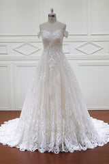 Elegant Off-the-Shoulder White Tulle Lace Wedding Dress Sweetheart Appliques Bridal Gowns On Sale-27dress