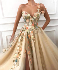 Elegant One Shoulder Tulle A-line Long Formal Dress with Slit-27dress