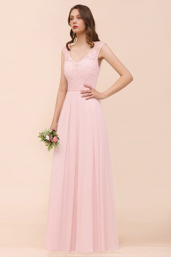 Elegant Pink Lace Straps Ruffle Affordable Bridesmaid Dress-27dress