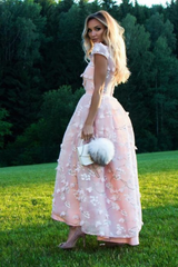 Elegant Pink Short Flowers Jewel A-Line Tea-length Prom Dresses-27dress