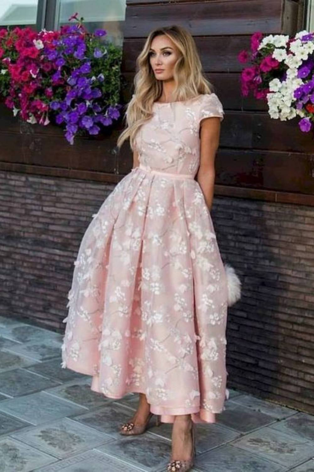 Elegant Pink Short Flowers Jewel A-Line Tea-length Prom Dresses-27dress