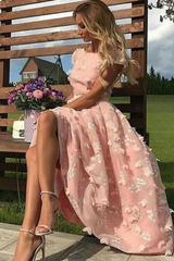 Elegant Pink Short Flowers Jewel A-Line Tea-length Prom Dresses-27dress