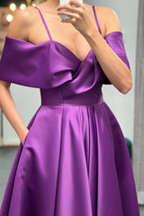 Elegant Purple Spaghetti Strap Off the Shoulder Prom Dress A Line With Pockets
