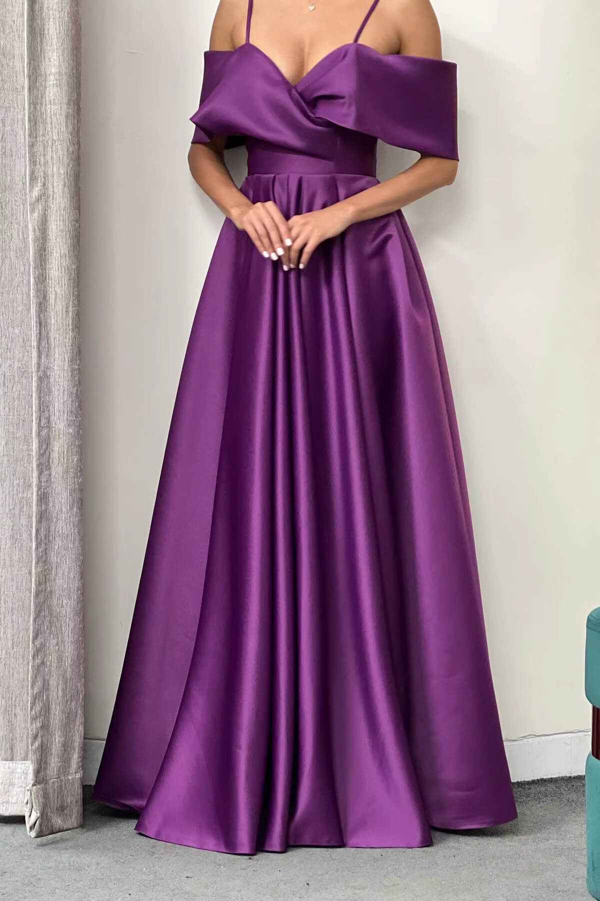 Elegant Purple Spaghetti Strap Off the Shoulder Prom Dress A Line With Pockets