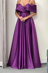 Elegant Purple Spaghetti Strap Off the Shoulder Prom Dress A Line With Pockets