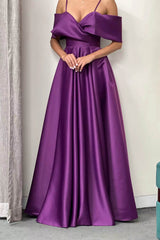 Elegant Purple Spaghetti Strap Off the Shoulder Prom Dress A Line With Pockets