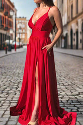 Elegant Red Satin Long Prom Dress with Slit