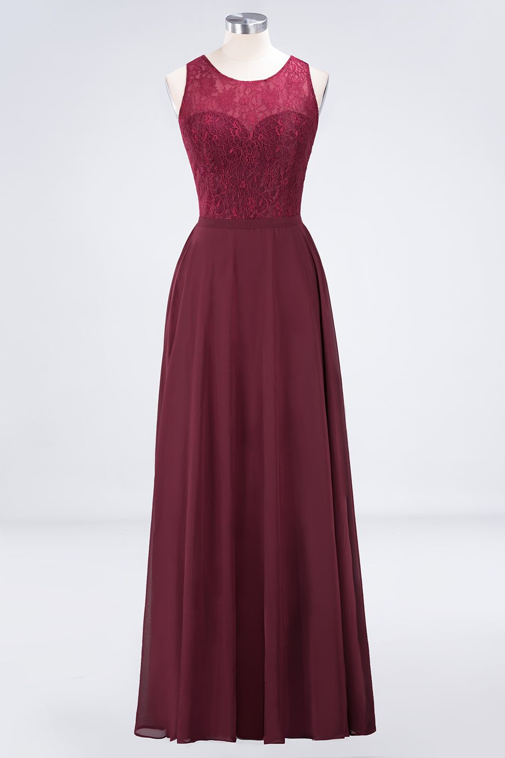 Elegant Roud Neckline Sleeveless Burgundy Lace Bridesmaid Dress Online-27dress