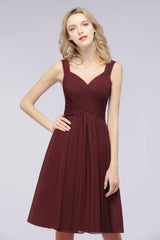 Elegant Ruffle Straps Short Burgundy Bridesmaid Dresses Online-27dress