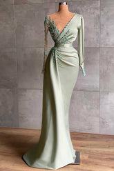 Elegant Sage Mermaid Appliques Evening Dress With Long Sleeves