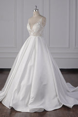 Elegant Satin V-Neck Wedding Dress Lace Appliques Sleeveless Bridal Gowns On Sale-27dress