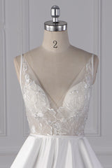 Elegant Satin V-Neck Wedding Dress Lace Appliques Sleeveless Bridal Gowns On Sale-27dress