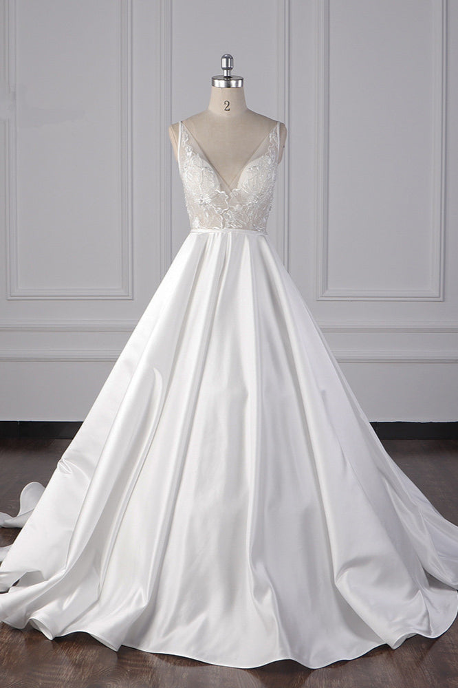Elegant Satin V-Neck Wedding Dress Lace Appliques Sleeveless Bridal Gowns On Sale-27dress
