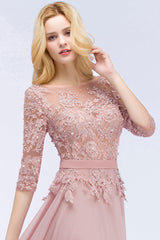 Elegant Scoop Half-Sleeves Lace Dusty Rose Bridesmaid Dress With Pearls-27dress