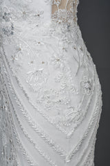 Elegant Scoop Mermaid Lace Wedding Dress Zipper Button Back-27dress
