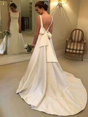 Elegant Scoop Neck Satin Ball Gown Wedding Dress With Bow and Sweep Train