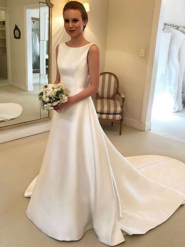 Elegant Scoop Neck Satin Ball Gown Wedding Dress With Bow and Sweep Train