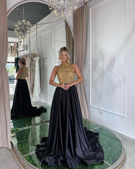 Elegant Sequins Prom Dress Gold Black Long Sleeveless Halter