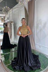 Elegant Sequins Prom Dress Gold Black Long Sleeveless Halter