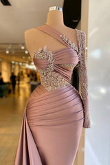 Elegant Sheath One Sleeve One Shoulder Applique Prom Dresses with Court Train-27dress