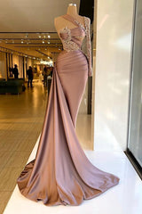 Elegant Sheath One Sleeve One Shoulder Applique Prom Dresses with Court Train-27dress