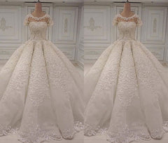Elegant Shortsleeves Jewel A-line Wedding Dresses White Tulle Ruffles Bridal Gowns With Appliques Online-27dress