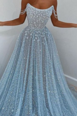 Elegant Sky Blue Tulle A-line Long Prom Dress with Beading-27dress