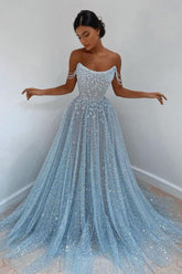 Elegant Sky Blue Tulle A-line Long Prom Dress with Beading-27dress