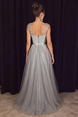Elegant Sleeveless A-line Tulle Sequined Long Formal Dress-27dress