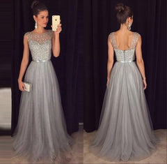 Elegant Sleeveless A-line Tulle Sequined Long Formal Dress-27dress