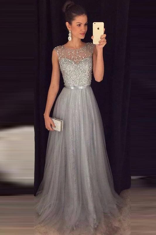 Elegant Sleeveless A-line Tulle Sequined Long Formal Dress-27dress
