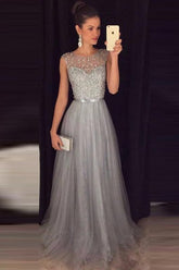 Elegant Sleeveless A-line Tulle Sequined Long Formal Dress-27dress