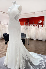 Elegant Sleeveless White Lace Satin Mermaid Wedding Dresses-27dress