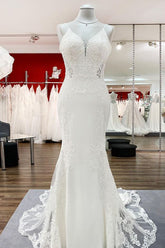 Elegant Sleeveless White Lace Satin Mermaid Wedding Dresses-27dress