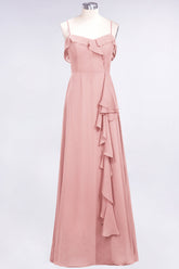 Elegant Spaghetti Straps Ruffle Burgundy Chiffon Dresses Affordable-27dress