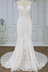 Elegant Spaghetti Straps Sleeveless Mermaid Wedding Dresses Appliques Lace White Bridal Gowns On Sale-27dress