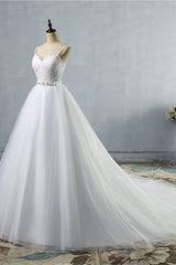 Elegant Spaghetti Straps Sweetheart Wedding Dress White Tulle Appliques Bridal Gowns with Beadings Sash-27dress