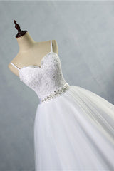 Elegant Spaghetti Straps Sweetheart Wedding Dress White Tulle Appliques Bridal Gowns with Beadings Sash-27dress
