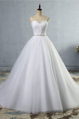 Elegant Spaghetti Straps Sweetheart Wedding Dress White Tulle Appliques Bridal Gowns with Beadings Sash-27dress