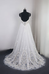 Elegant Spaghetti Straps Tulle Lace Wedding Dress V-Neck Appliques See Through Top Bridal Gowns-27dress