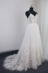 Elegant Spaghetti Straps Tulle Lace Wedding Dress V-Neck Appliques See Through Top Bridal Gowns-27dress